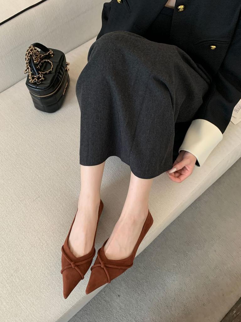 High heels women's stiletto high-end cross-strap retro single shoes 2025 spring women's suede comfortable soft-soled work shoes