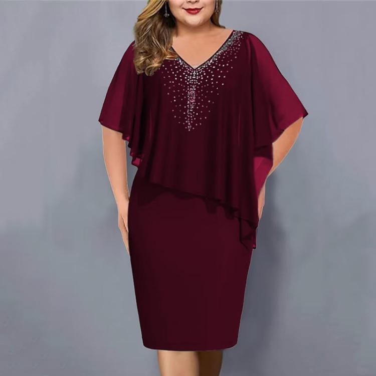 Women Plus Size V Neck Chiffon Dress with Sequins Asymmetric Buttock Overlay Sizes S To 5XL