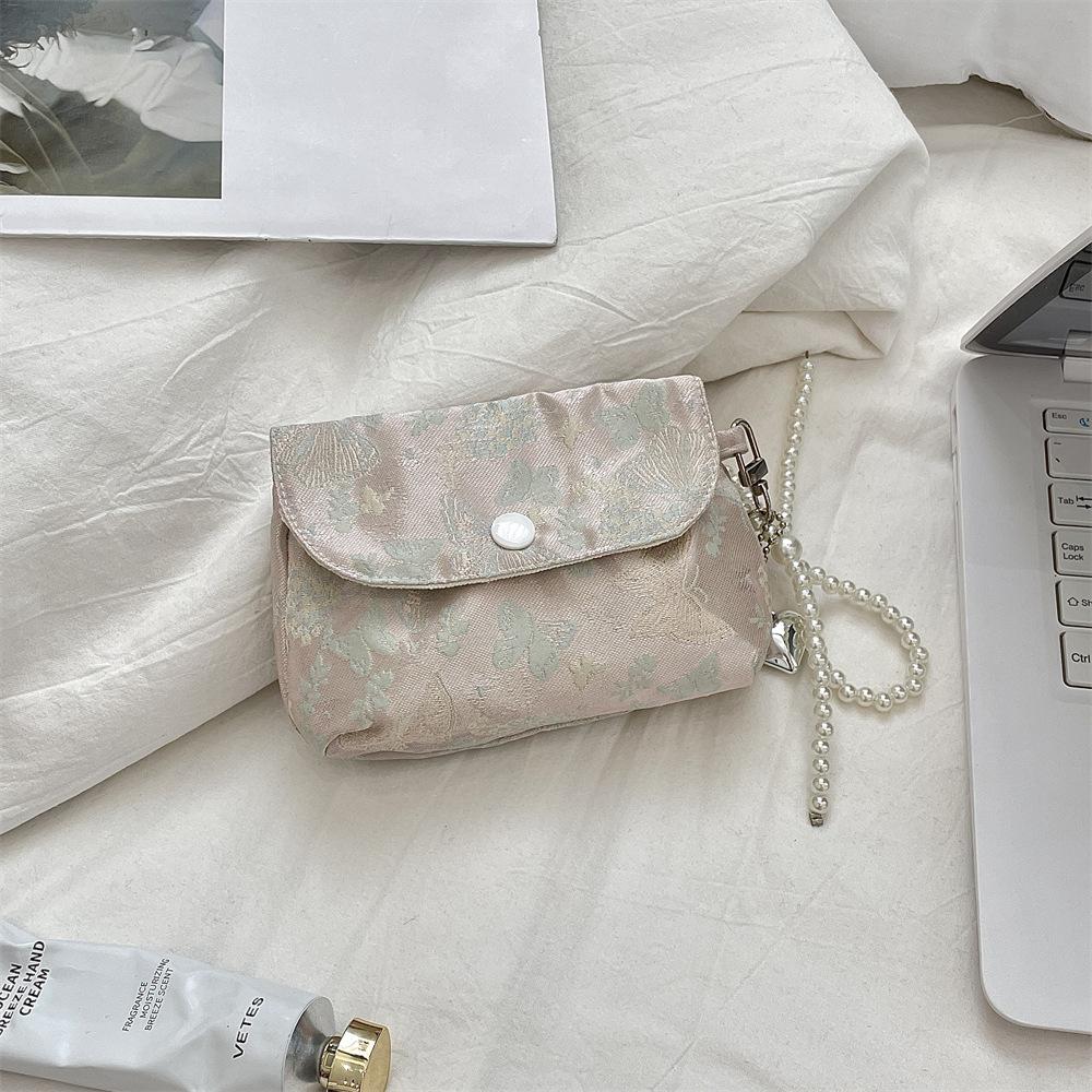 Street Trendy Butterfly Jacquard Makeup Bag Women's Multi-functional Mini Storage Pouch with Pearl Chain