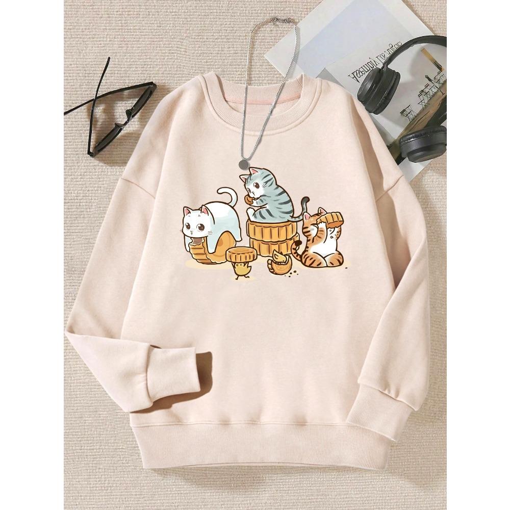 The Cat Secretly Eating Pastries Print Female Pullovers Simple Casual Hoody Autumn Loose Sweatshirt Hipster Sportswears