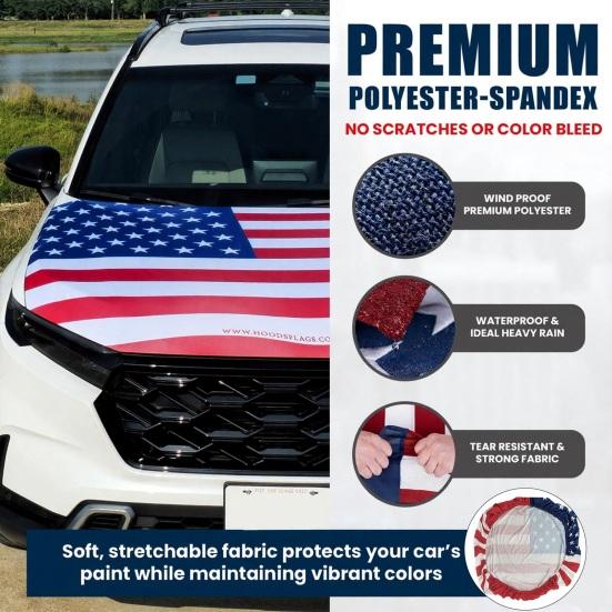 Amerikanische Flagge Auto-Motorhaubenabdeckung 63 x 47 Zoll Dehnbares Polyester-Spandex-Gewebe Passt für die meisten Autos, Lastwagen, SUVs mit kleinen dekorativen Flaggen Sichere Clips