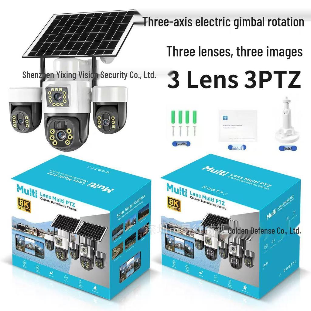 4G Solar-Powered 6MP Outdoor Waterproof Triple-Lens HD Night Vision Camera with 3-Axis Rotation