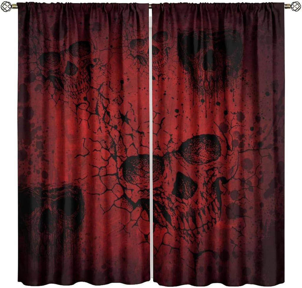 Gothic Black Damask Curtain Vintage Floral Exotic Suger Skull Window Treatments Bedroom Bone Skeleton Antique Bohemian Polyester Washable Ready