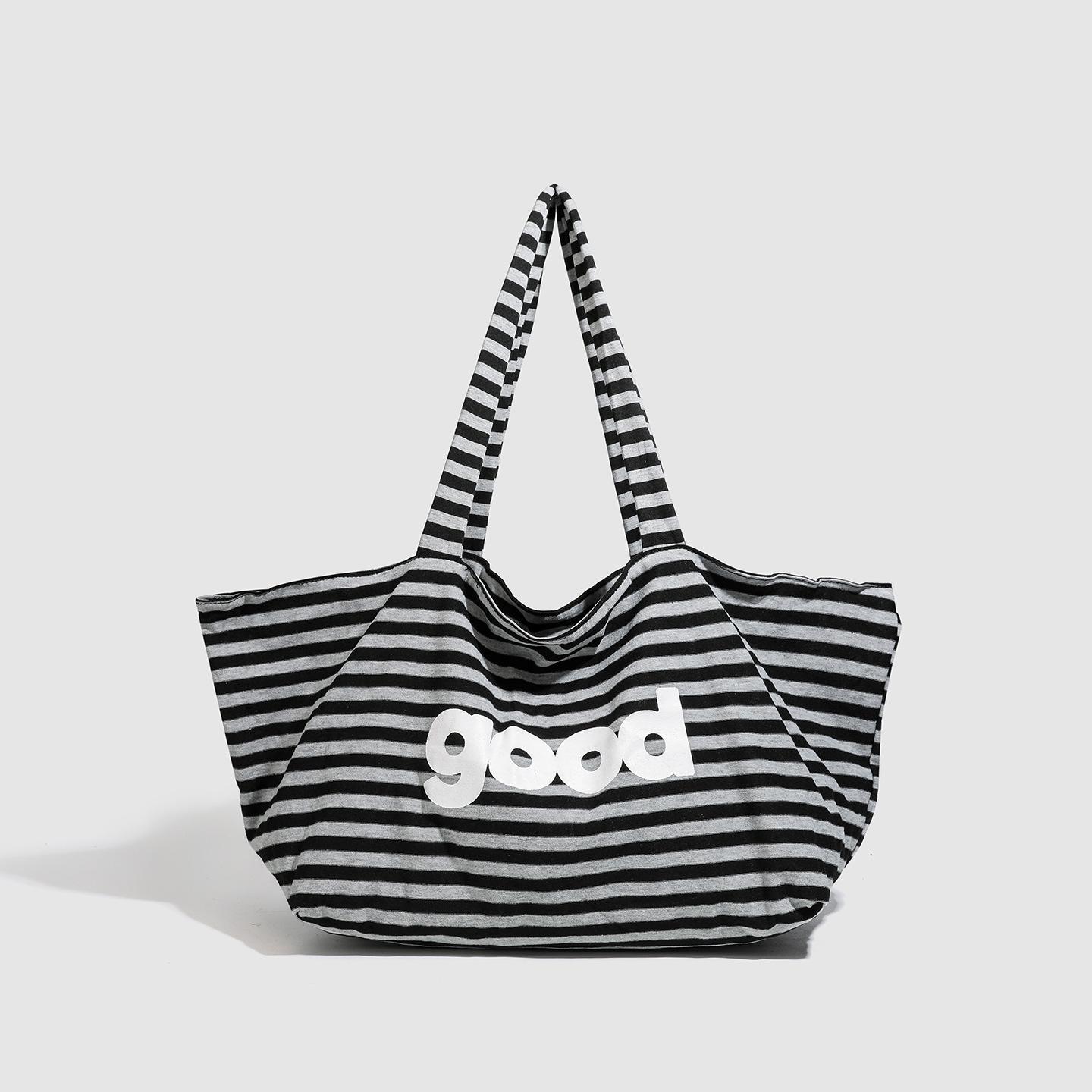 

Spring And Summer Morning Eight People Go To Work, Black And White Striped Tote Bag, Large Capacity Shoulder Stacked Shopping Bag, Tote Bag