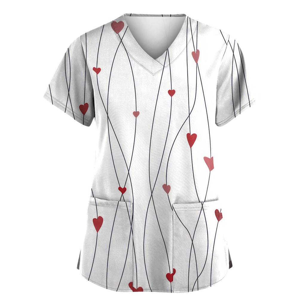 Women's Valentine's Day Printed  Uniform Work Uniform V-Neck Pocket Protective Uniform