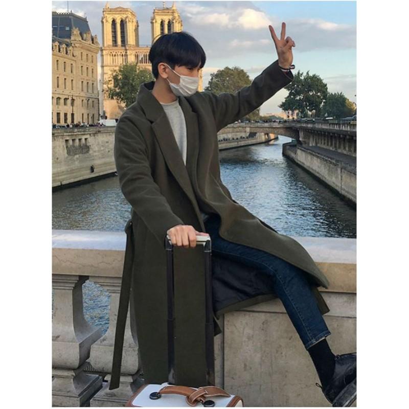 Men's Spring and Fall  Loose Lacing Medium-length Tweed Coat Youth Solid Color Single-breasted Lapel Windbreaker