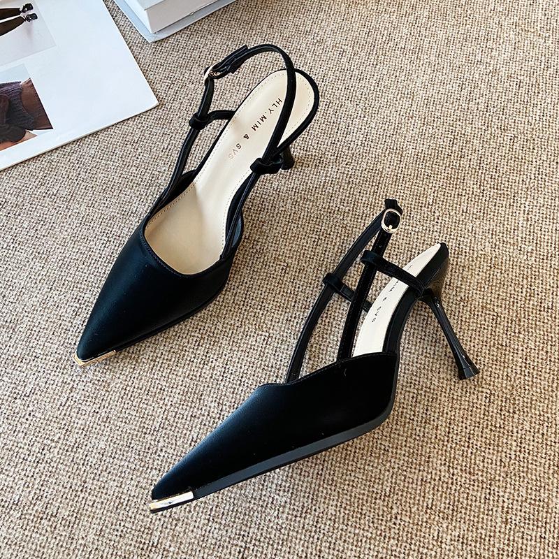 

G858-2 new 2025 one-word buckle sandals light mouth stiletto sexy professional high heels women pointed single shoes women 39 чёрный
