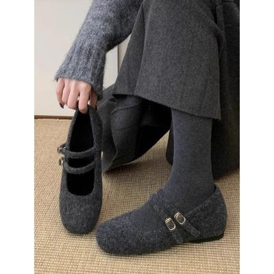 Xiaoxiangfeng One-word Buckle Mary Jane Mao Mao Shoes Autumn and Winter Outer Wear Inner Height Increase Warm Single Shoes Comfortable Velvet