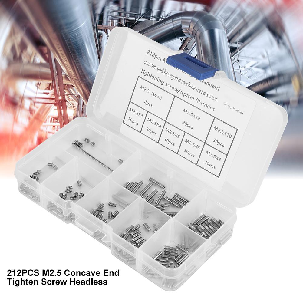 212Pcs Set Screws Stainless Steel M2.5 A2 DIN916 Inner Hex Concave End Tighten Fasteners