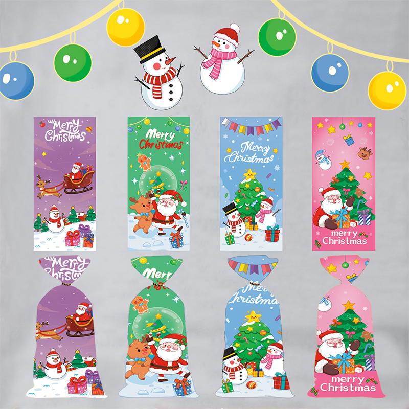 50Pcs Xmas Cookie Packing Bags With Ribbon Ties Christmas Party Treat Candy Bag Festival Party Favor Gift Printing Christmas