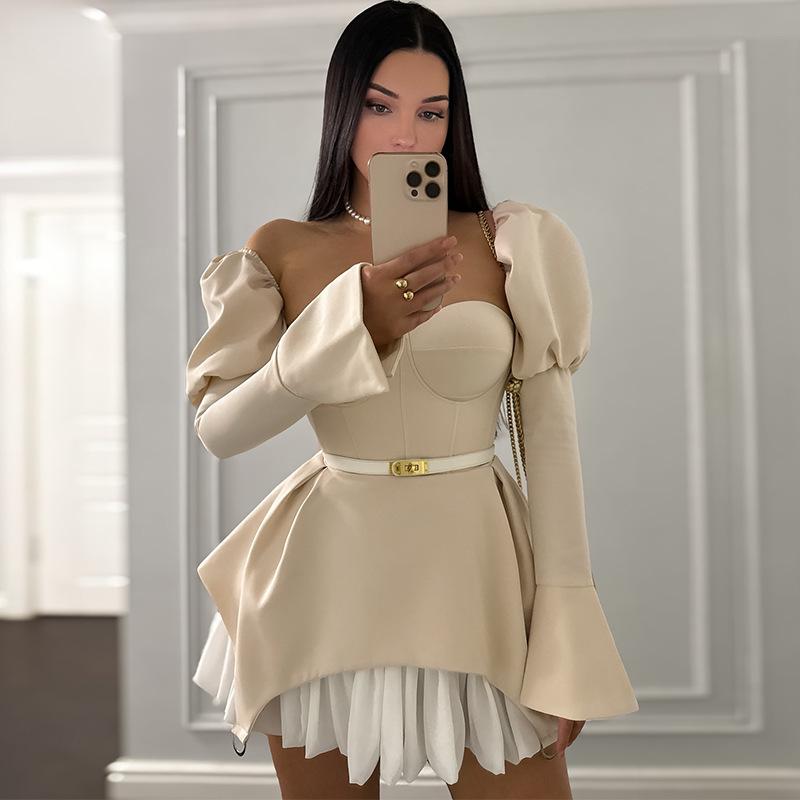 

2025 Summer Women s Bandeau Patchwork Irregular Puff Sleeve Dress XL