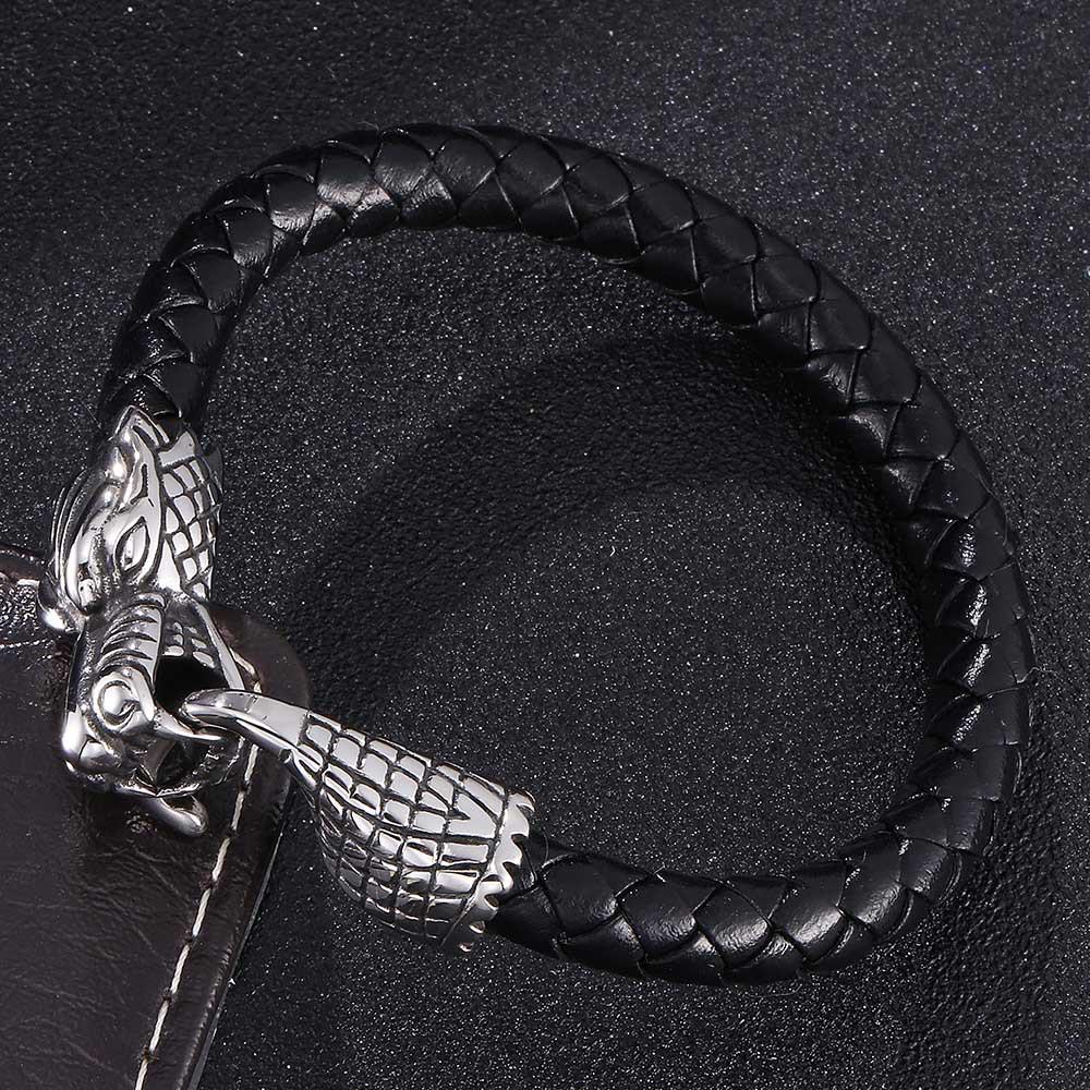 Titanium Steel Dragon Head Leather Bracelet Custom Size