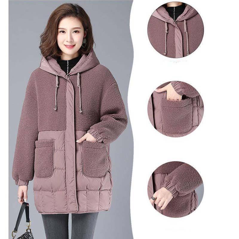 Cappotto invernale da donna alla moda, spesso e caldo, in cotone, con cappuccio, termico, di media lunghezza, in lana d'agnello