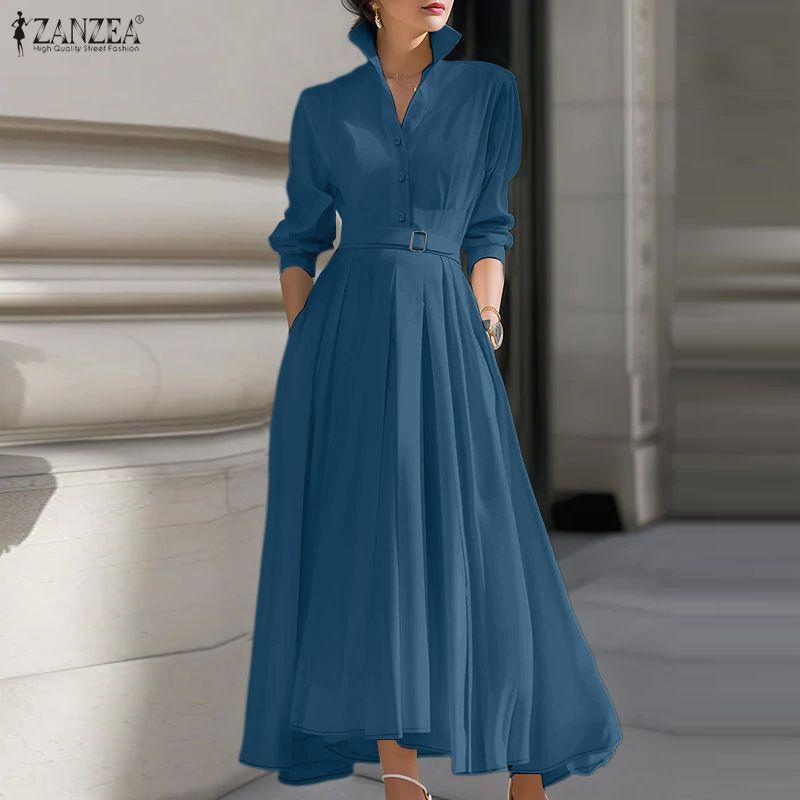 ZANZEA Women Casual Turn Down Collar Long Sleeve Loose Long Shirt Dress