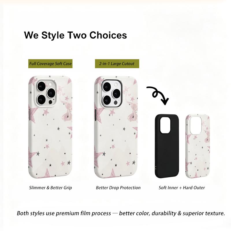 Glittering Pink Bow Starry Pattern Graphic Art Film Aesthetic Protective Shockproof Bumper Phone Case Cover For iPhone 14 15 16 Pro Max Plus