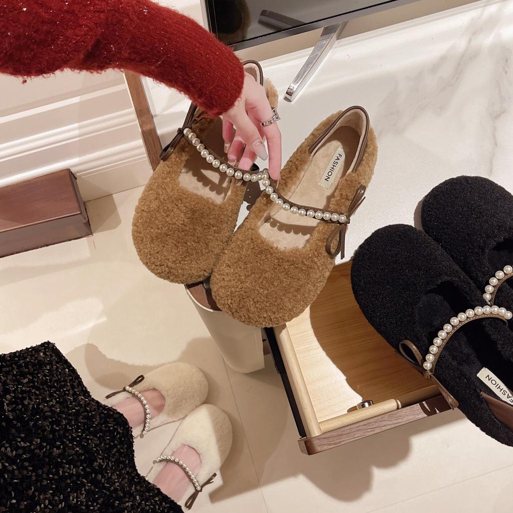 One foot of fluffy shoes, children wear plush flat soles in autumn and winter, 2025 new plush Doudou single shoes, advanced sense