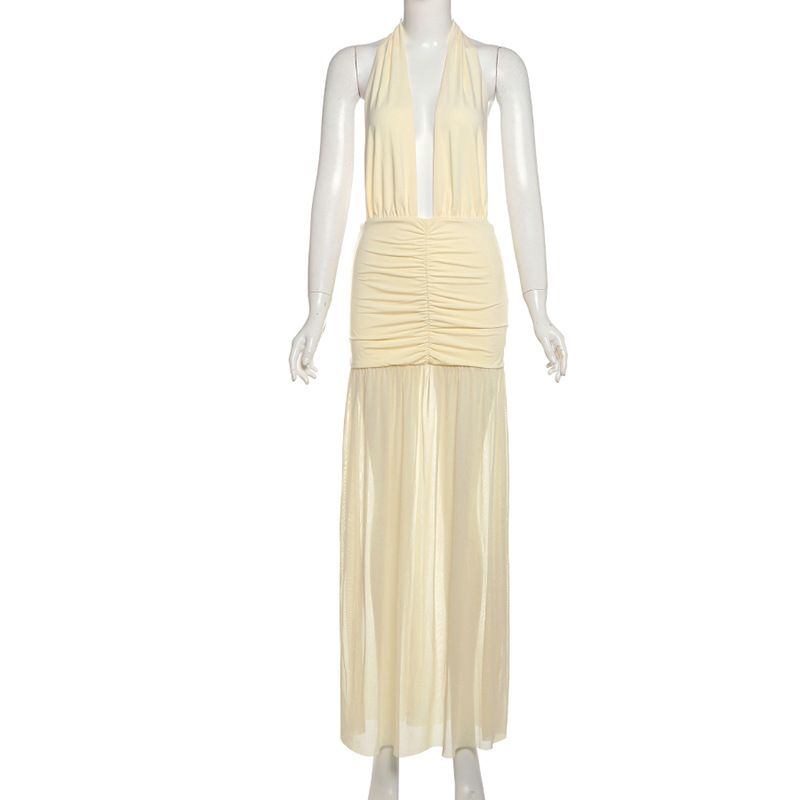 

Summer Light Yellow Sexy Mesh Patchwork Qmilch Low Cut Hanging Neck Formal Dress Lace-up Pleated Dress Sheath Long dress