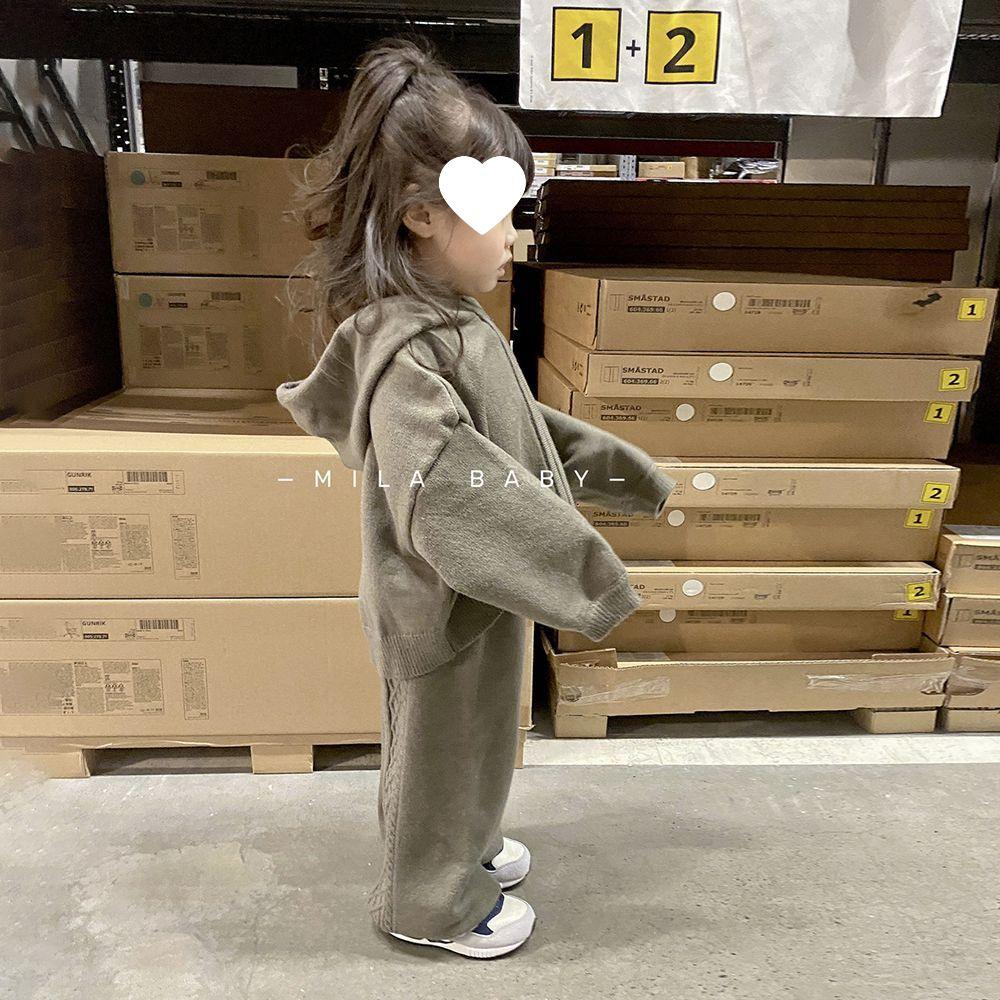 Girls' Korean Style Casual Sweater Set - Versatile Hooded Knitted Cardigan for Autumn and Spring
