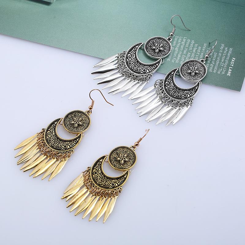 Fashion Boho Drop Long Tassel Earrings For Women Jewelry Vintage Antique Silver Plated Carved Flower Bohemian Drop Earrings