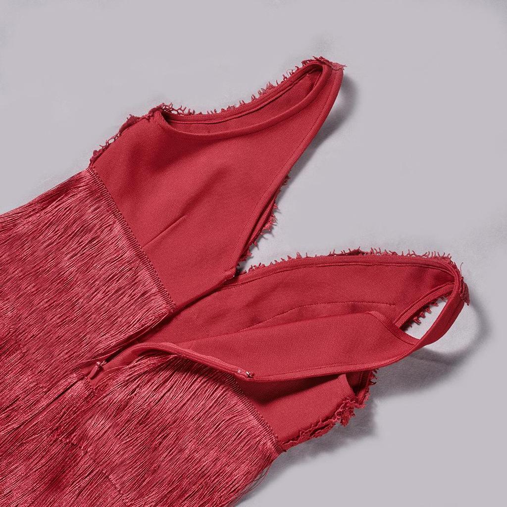 Red Lace Trimmed Tassel Layered Women's Bandage Evening Dress