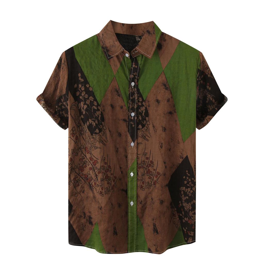 Men's Casual Hawaiian Loose Resort Print Short Sleeve Top Beach Button Up Shirt