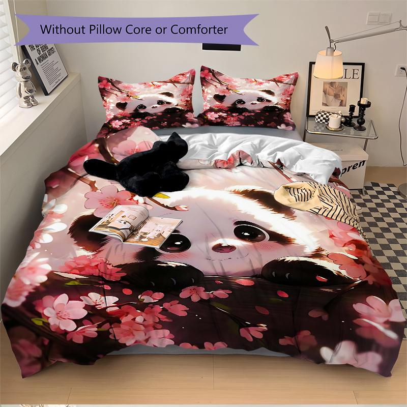 3pcs Sakura Panda Bedding Set - Includes 1 Quilt Cover and 2 Pillowcases, Comfortable Bedding with Stylish Design for Bedroom, Machine Washa
