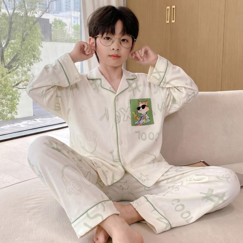 Boys Cotton Pajama Set Long Sleeve Open Front Cartoon Print Home Wear Kids Teens