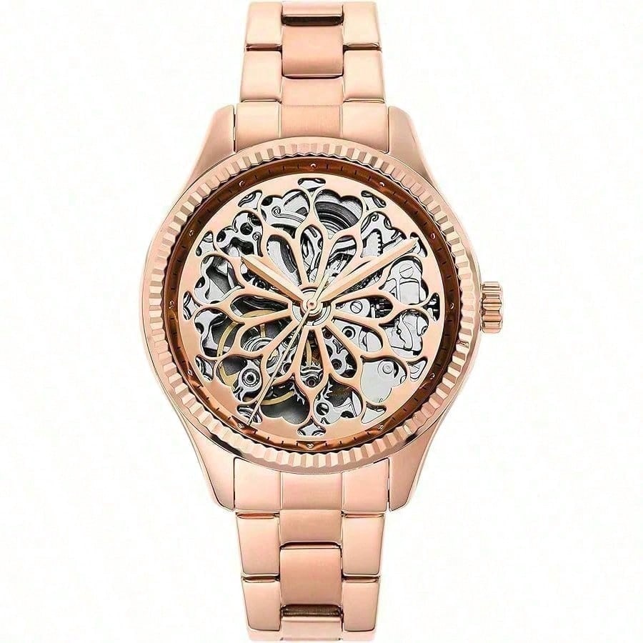 

Fossil Rye Automatic Skeleton Silver Dial Silver Steel Strap Watch for Women -BQ3754 рожевий колір золота