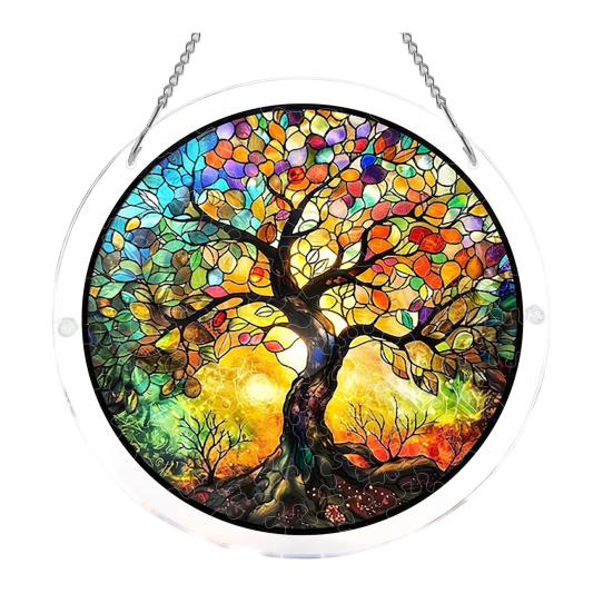 Acryl Puzzlesonnensammler, Lebensbaum/Blumen im Buntglas-Stil Fensterhänge-Dekoration, DIY Sonnensammler-Set für Zuhause, Garten