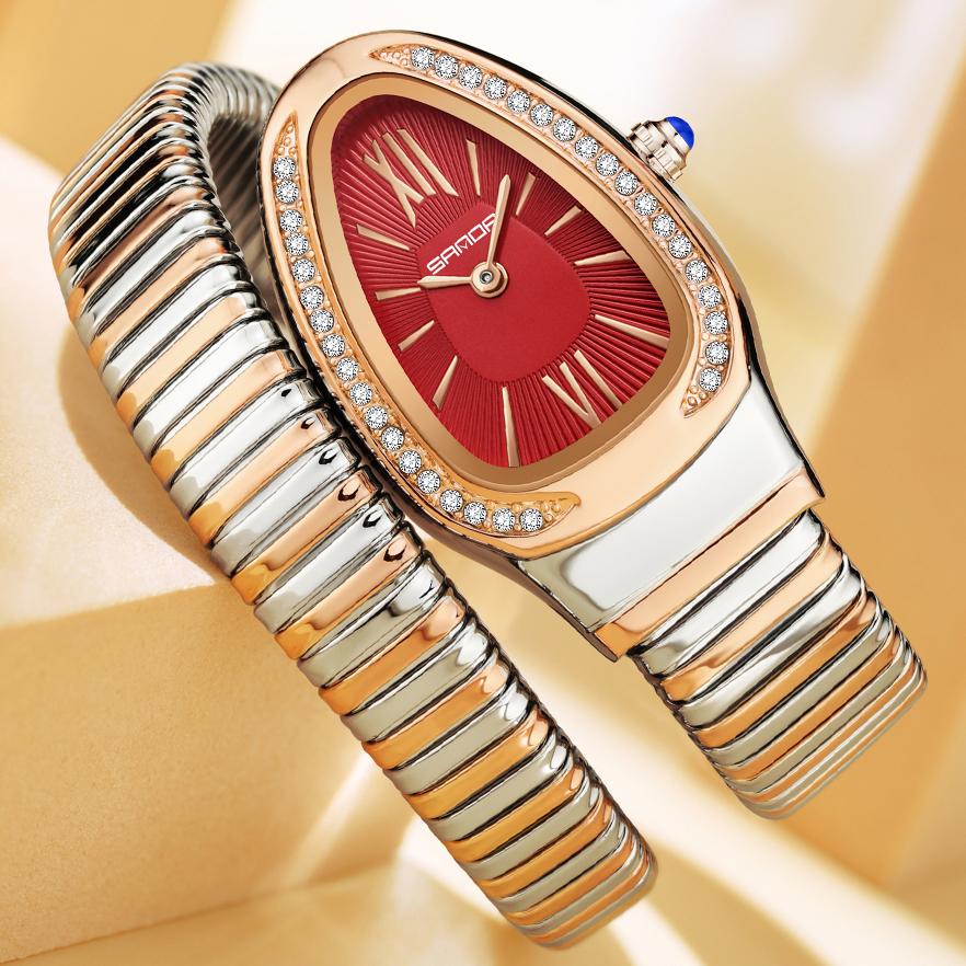 SANDA Fashion Women's Quartz Watch Serpentine Inlaid Diamond Women's Watch Retro Light Luxury Women's Quartz Watch