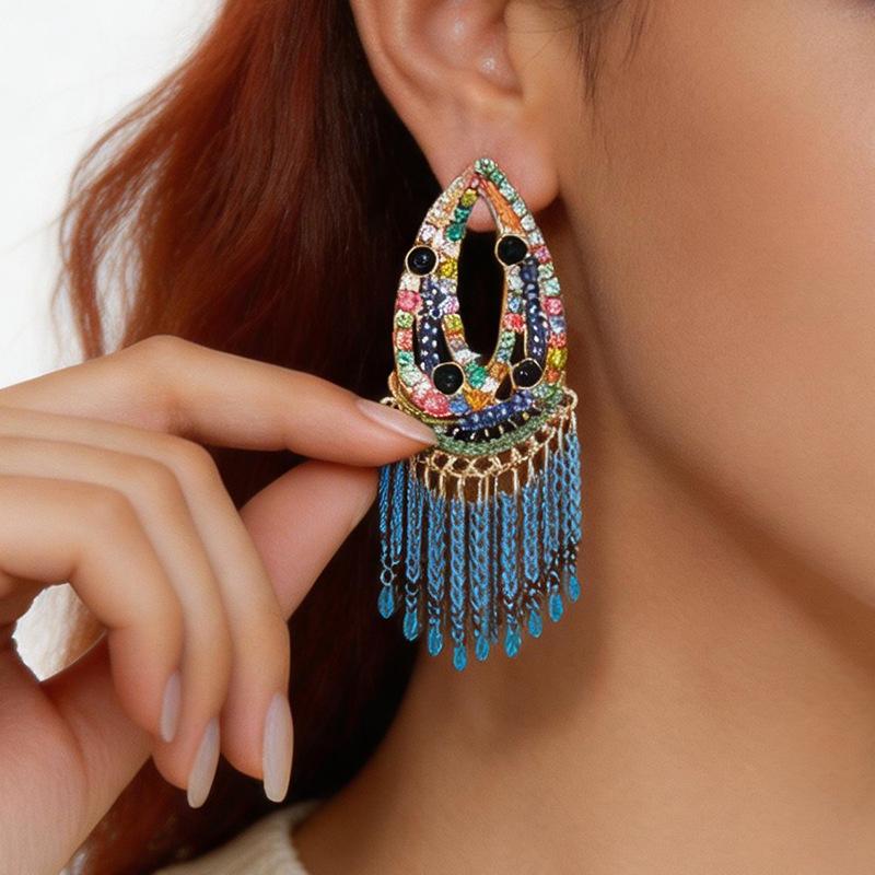 Silver Needle Ethnic Rhinestone Tassel Light Luxury Stud Earrings - Unique Niche Fashion Accessory