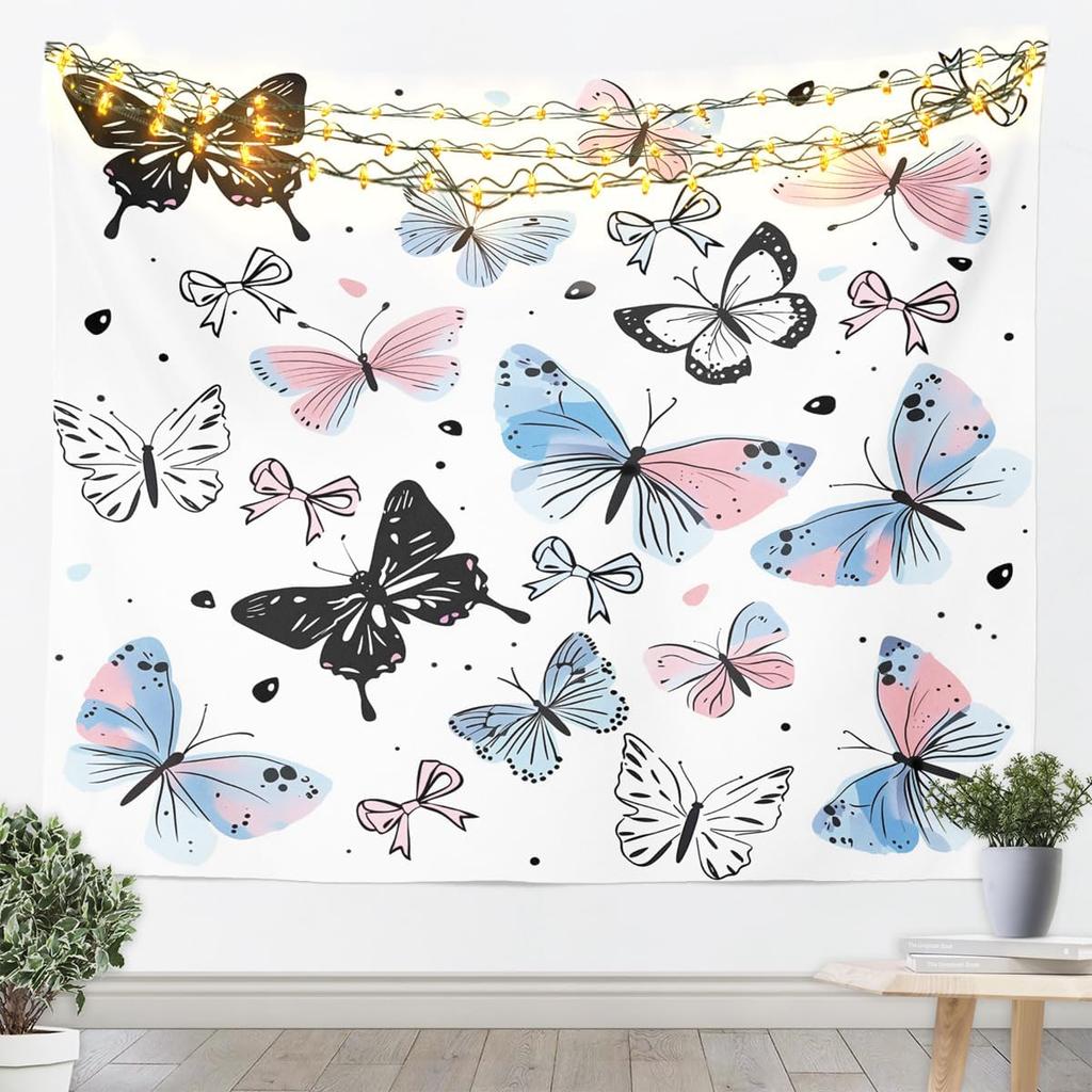 Rosa Schmetterling Wandteppich Garten Wandkunst Lila Blaue Schmetterlinge Druck Wandbehang Decke für Wohnzimmer Schlafzimmer Kawaii Rosa