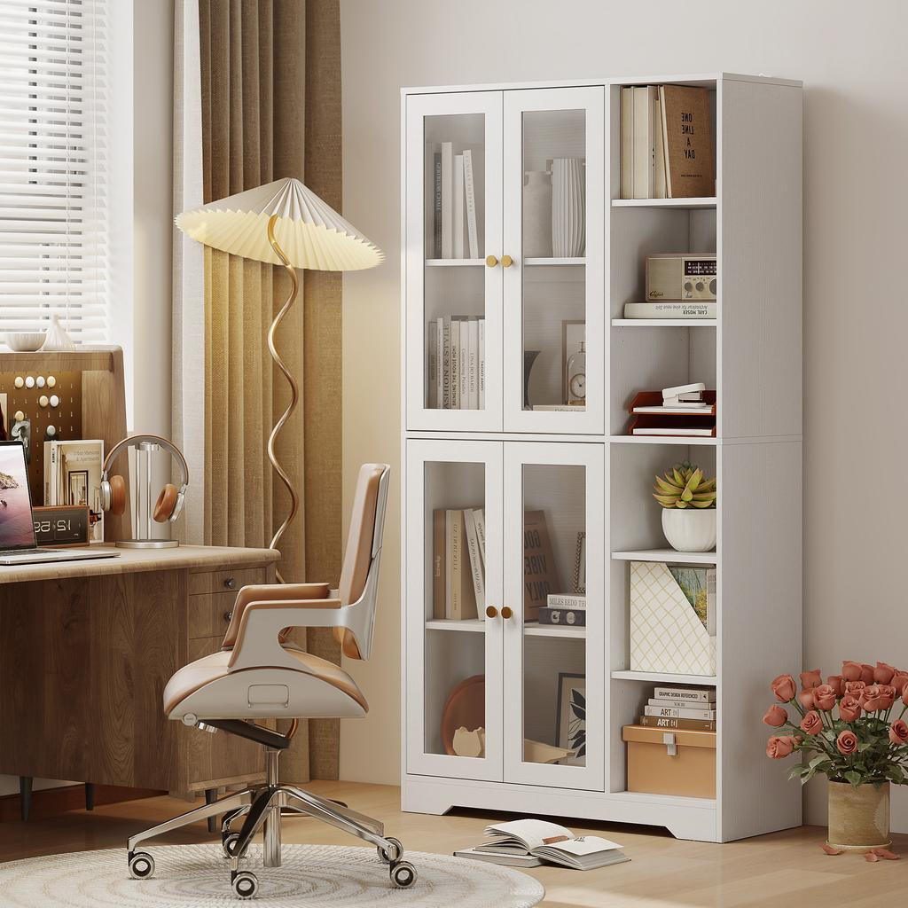 Multi-Storage Kitchen Cabinet, with Glass Doors - White Wood-Effect