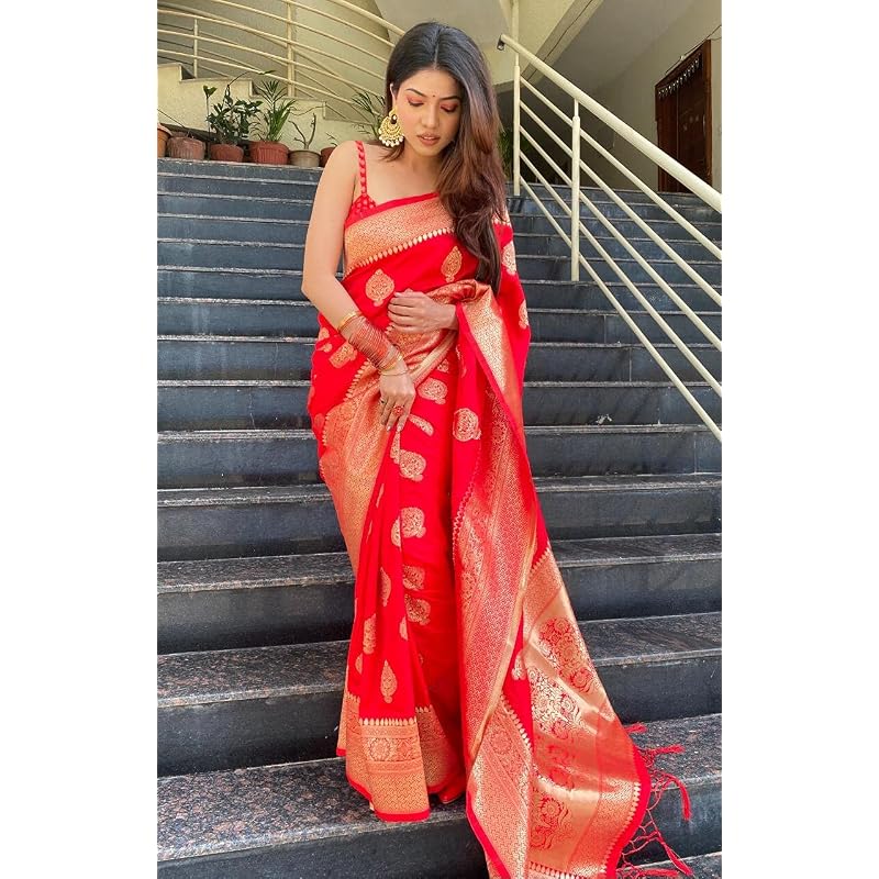 Flosive Womens Present Banarasi Soft Lichi Silk Saree Beautiful Jacquard Rich Pallu Design Work Zari Woven Kanjivaram Si