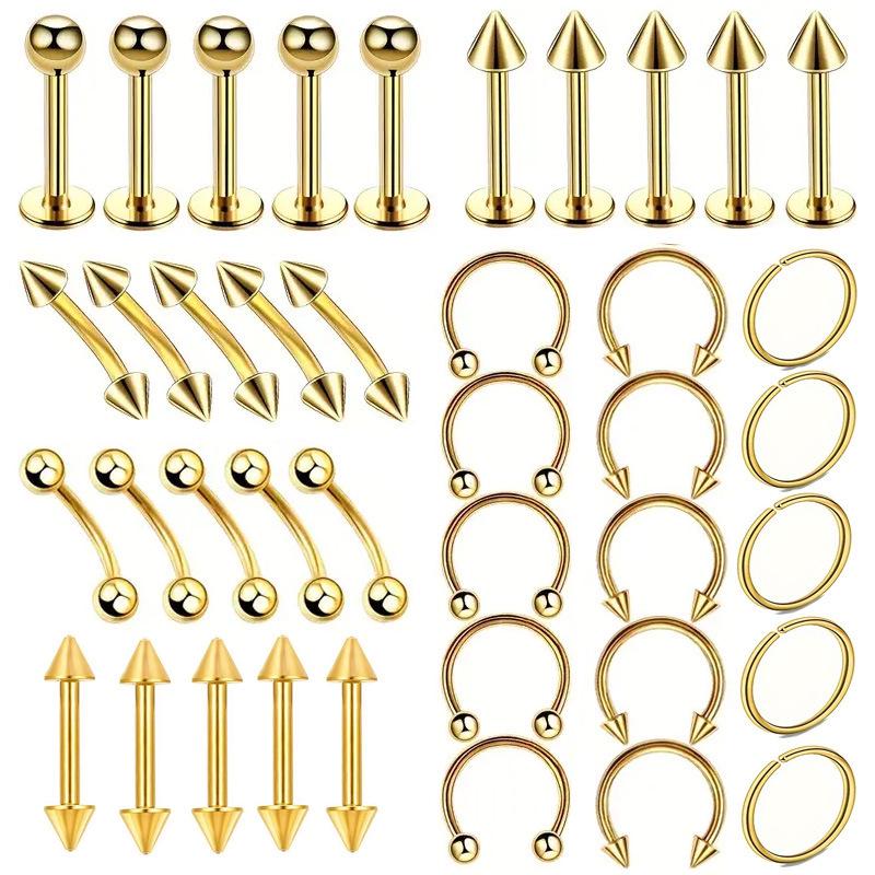 40-teiliges gemischtes Set: Edelstahl Lippen- und Augenbrauenstecker, Ohrringe, Nasenringe, mit runden Kugeln, Spitzen und Kegeln.