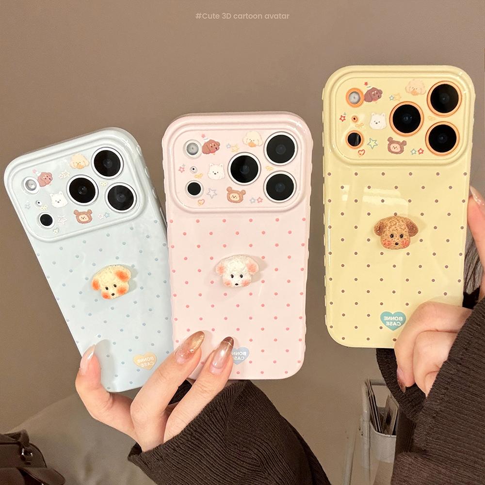 3D Cartoon Puppy Korean Polka Dots Soft Phone Cases for iPhone 17promax 17pro 17 16 15 14 13 Pro Max Shockproof Protective Cover