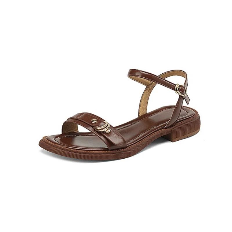 Fashion Designer New Summer Women Sandals Luxury Narrow Leather Strap One Word Buckle Strap Flat Sandals Wide Heel Platform Casual Shoes