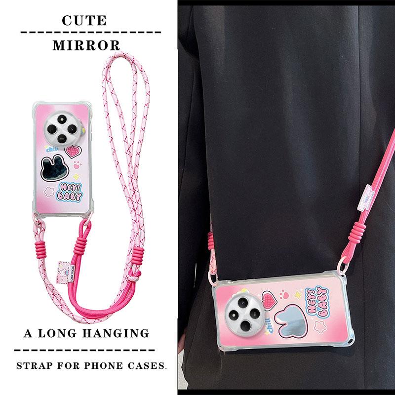 KEYSION Crossbody Strap Phone Case for Redmi 14C Cute Cartoon Long Lanyard Mirror Shockproof Cover for Xiaomi POCO C75