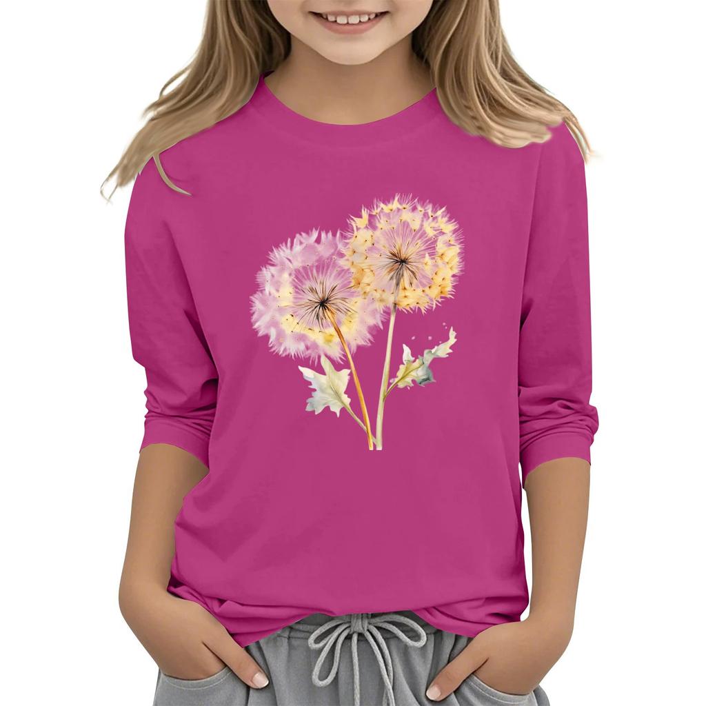 Children's 3/4 Sleeve Round Neck Flowers Print Casual Top