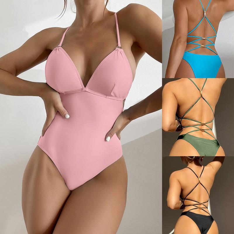 Jumpsuit Sexy Solid Color Bikini Deep V Backless Triangle Swimsuit