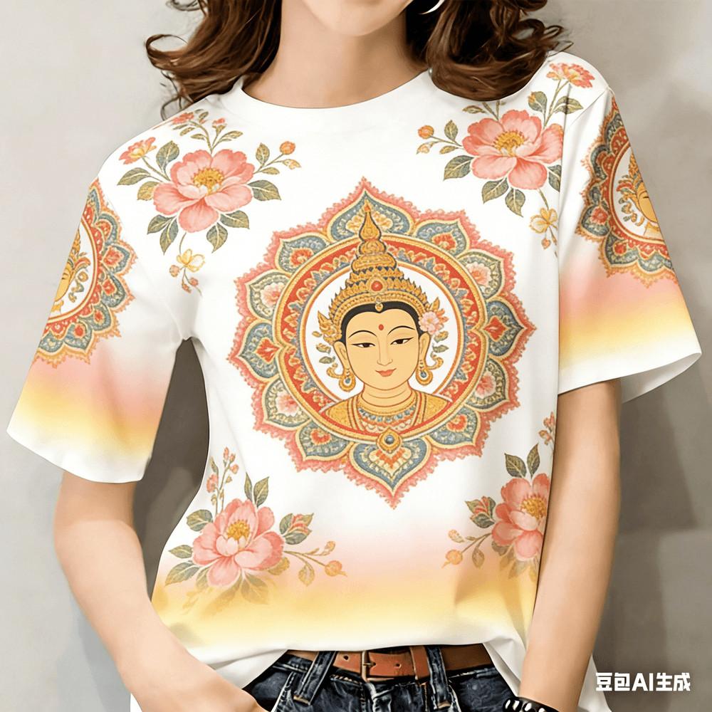 T-shirt with Flower Print - Suitable for Women & Men - Short Sleeve