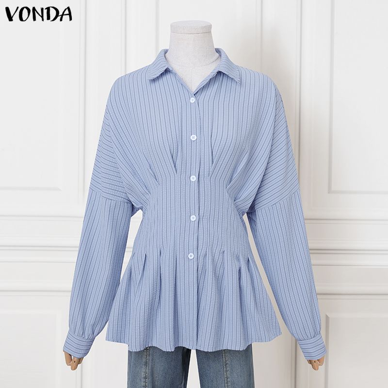 VONDA Womens Casual Lapel Neck Long Sleeve Ruffled Striped Print Loose Rumple Blouse Shirts