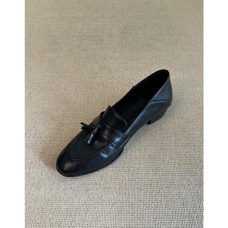 Sheepskin Version~ French Retro Round Head Fringed Thick Heel Small Leather Shoes Commuter Black One-pedal Loafers Women's Single Shoes