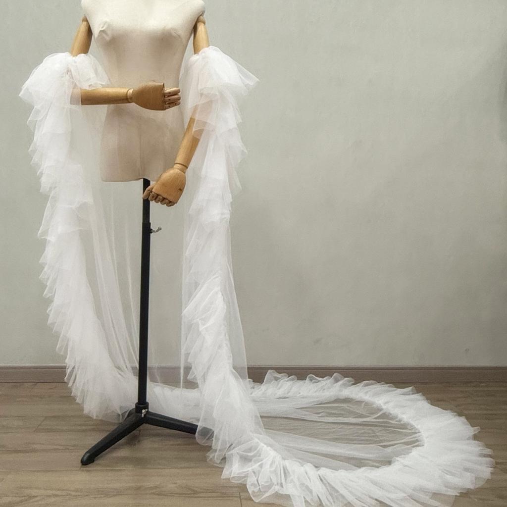 Women Multi Layer Ruffle Tulle Cape Long Train Sheer Mesh Cloak Detachable Pearl Strap Bridal Wedding Cover UpEvening dress Dance party attire