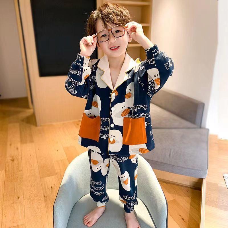 Children's Long Sleeve Cardigan Pajama Set for Teen Boys - Spring/Autumn Style Homewear