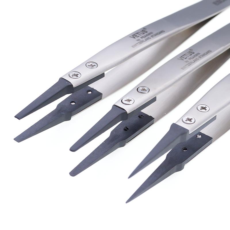VETUS ESD series Interchangeable Head Anti-static Tweezers Stainless Steel Body Anti-static Carbon Fiber Conductive Plastic H