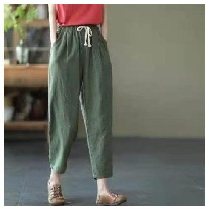 Solid Color Cotton and Linen Pants for Woman Vintage Loose Streetwear Harem Trousers Female Casual High Waist Drawstring Pants