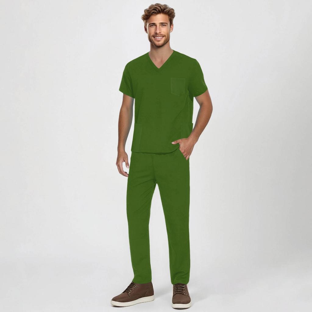 Men's Short-sleeved V-neck Solid Color Printed Breast Pocket Care Top Elastic Waist Trousers Two-piece Work Suit