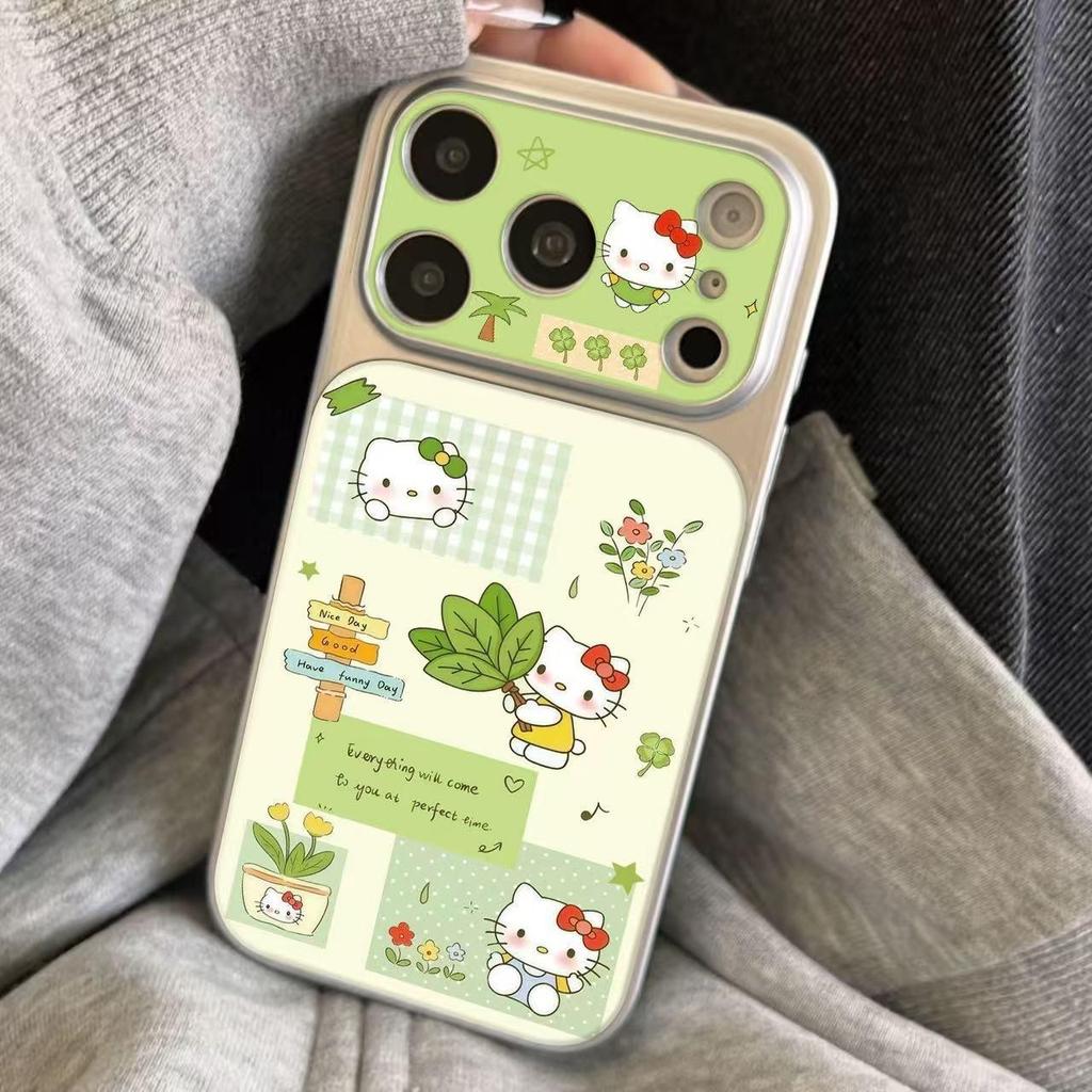 Green Hello Kitty Compatible Phone Case for Apple 17 Pro Max with Silver Frame and Full Coverage