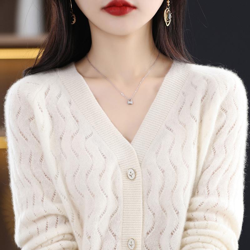 

Early spring new cardigan women s thin outer V-neck solid color jacquard hollow coat sweater knitted top women One size